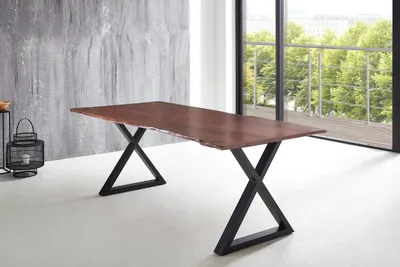Produktbild von Esstisch Baumkante massiv Akazie nussbaum 220 x 100 X-Gestell schwarz LUBIN