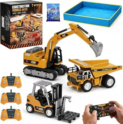 Produktbild von 3 in 1 RC Baustellenfahrzeuge Set, 1:64 Ferngesteuerter Gabelstapler, Bagger & Kipplaster mit Sandkasten & Spielsand, 2,4GHz Remote Control Baustellen Spielzeug für Kinder ab 3 Jahren