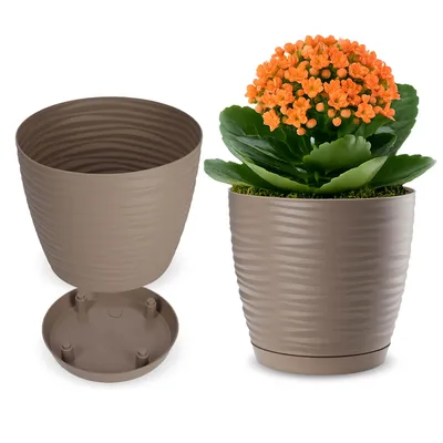 Immagine prodotto di KADAX vaso da fiori con piattino "Temara", vaso da fiori, vaso per piante in plastica, fioriera, rotondo, 15 cm, beige
