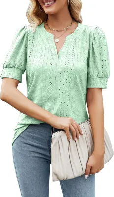 Produktbild von ASKSA Damen T-Shirt Puffärmel Aushöhlen Bluse V-Ausschnitt Sommer Kurzarm Shirts Einfarbig Lose Tops, Hellgrün, XXL