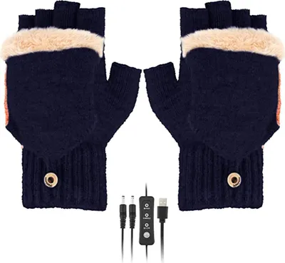 Produktbild von ASKSA USB Beheizte Handschuhe, Gestrickt Handwärmer Fingerlose Handschuhe Waschbar Beheizbare Handschuhe, Dunkelblau