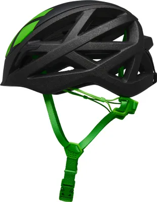 Schwarzer Kletterhelm "Vapor Helmet" von Black Diamond mit grünen Riemen und belüftetem Design.