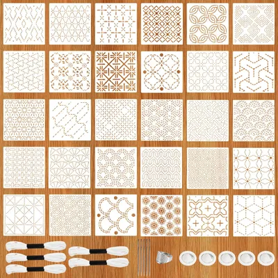 Produktbild von Sashiko Stickschablonen Set - 46-teilig mit Zubehör - für Handnähen und Quilten - 12 x 12 cm