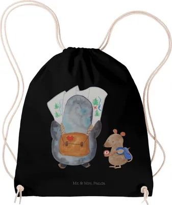 Produktbild von Mr. & Mrs. Panda Jutebeutel Pinguin & Maus Wanderer - Schwarz - Geschenk, Wandern, Abenteuer, Turnbeutel, wander rucksack, festival, sporttasche klein, gym
