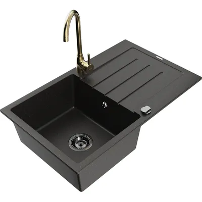 Zdjęcie produktu dla Mexen Bruno zlewozmywak granitowy 1-komorowy z ociekaczem i baterią kuchenną Telma, czarny/złoty - 6513-75-670200-50-B