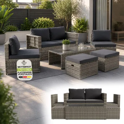 Produktbild von Juskys Polyrattan Gartenmöbel Set Salou - Lounge für 6 Personen, wetterfest - Grau