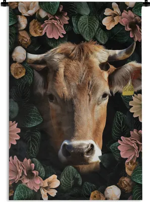Produktbild von MuchoWow® Wandteppich Wandbehang Kuh - Tiere - Blumen 90x135 cm Tapisserie Dekoration Wandtuch - Baumwolle - Wandskulptur