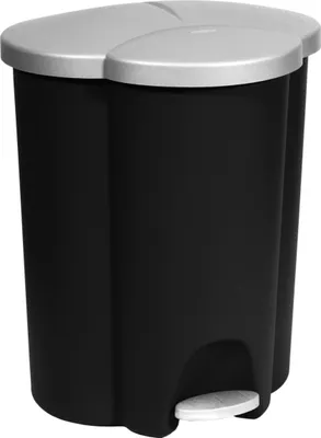 A black trash can with a silver lid and pedal.