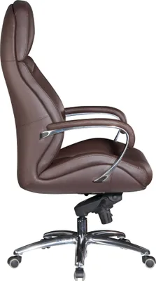 A side view of a brown leather office chair with a chrome base and armrests, set against a white background.
