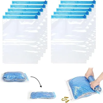Produktbild von PolkaHome® 10 Stück Vakuumbeutel für Kleidung, Reise-Vakuum-Wiederverwendbare Kleiderbeutel, Aufbewahrungstaschen für Reisen,