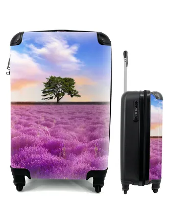 Produktbild von MuchoWow® Koffer Handgepäck Trolley Rollkoffer Kleine Reisekoffer mit 4 Rollen - Lavendel - Baum - Sonnenuntergang - Lila - Cabin Size < 55x40x23 cm & 55x40x20 cm - Fotokoffer - Kabinenkoffer - Boardgepäck - Reise-Box - Reisekoffer - Reisegepäck - Koffer mit Bild - Trolley für Kinder
