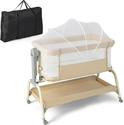 Produktbild von COSTWAY 4 in 1 Babybett mit Moskitonetz, Babywiege & Beistellbett & Stubenwagen & Reisebett mit Matratze, 6 verstellbaren Höhen, Tragetasche, mobiles Kinderbett faltbar für Baby bis 6 Monaten (Beige)