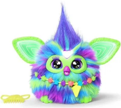 A fluffy, colorful toy with large eyes and ears, wearing a beaded necklace, with a yellow comb accessory next to it. The toy has a pointed tuft of hair on its head.