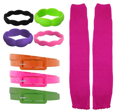 Produktbild von 9 teiliges 80er Jahre Kostüm Set für Damen - Gürtel, Stulpen, Armreifen