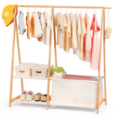 Produktbild von Kindergarderobe Bambus, 2 Ablagen, mit Aufbewahrungstasche, für Kinderzimmer