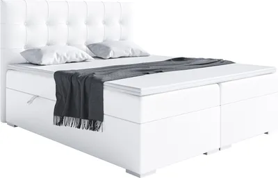 Produktbild von MEBLINI Boxspringbett mit Bettkasten - Gepolstert Doppelbett mit Matratze und Topper - Polsterbett mit Stauraum - Bett mit Kopfteil - Stauraumbett - DENIZ - 200x200 - H3/Weiß Kunstleder