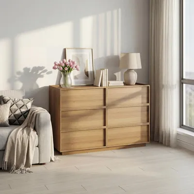 Produktbild von Kommode mit 6 Schubladen 115x48x78cm Holz Eichenfarbe für Wohnzimmer Schlafzimmer Flur
