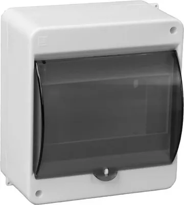 A white electrical distribution box with a transparent gray cover.