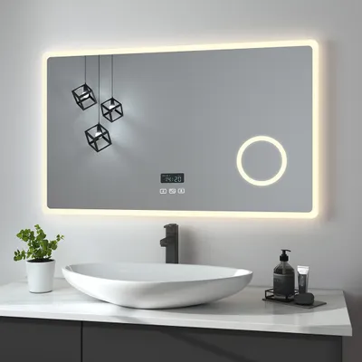 Image de Heilmetz Miroir de salle de bain avec éclairage Miroir de salle de bain LED grossissement 3x+antibuée+3 couleurs de lumière+Bluetooth Miroir mural 100x60cm