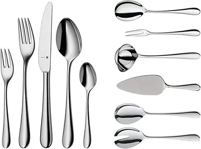 A collection of stainless steel cutlery arranged on a white background.
