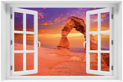 Produktbild von Wallario Premium Glasbild mit Fensterrahmen, freischwebende Optik, kräftige Farben, Größe 60 x 90 cm Motiv Steinbogen vor einem farbenfrohen Himmel in lila-rot