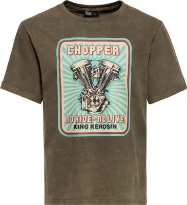 Produktbild von KING KEROSIN Print T-Shirt Acid Washed No Ride No Life Olivgrün Xl