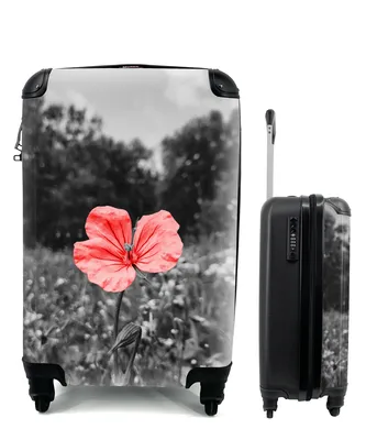 Produktbild von MuchoWow® Koffer Handgepäck Trolley Rollkoffer Kleine Reisekoffer mit 4 Rollen - Blumen - Rosa - Schwarz - Weiß - Cabin Size < 55x40x23 cm & 55x40x20 cm - Fotokoffer - Kabinenkoffer - Boardgepäck - Reise-Box - Reisekoffer - Reisegepäck - Koffer mit Bild - Trolley für Kinder