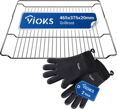 A grill rack and a pair of oven mitts are displayed against a white background.