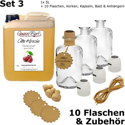 Produktbild von Alte Kirsche 5L inkl. 10 Flaschen, Korken, Kapseln, Bast & Anhänger 40% Vol. Kirschenschnaps Obstler Kirschen Schnaps