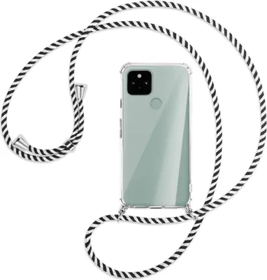 Produktbild von Handykette Backcover-Schutzhülle mit Band (Metall silberfarben) für Google Pixel 5 - schwarz/weiß gestreift