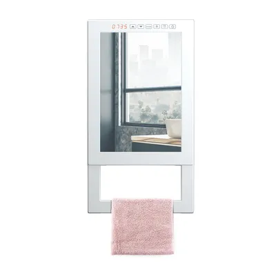 Obrázok produktu pre Radialight Quadro Visio zrkadlové kúpeľňové vykurovacie teleso 1000/1800 W - sklenené čelo s dotykovým displejom, IP24, držiak na uteráky, termostat a časovač, 230 V