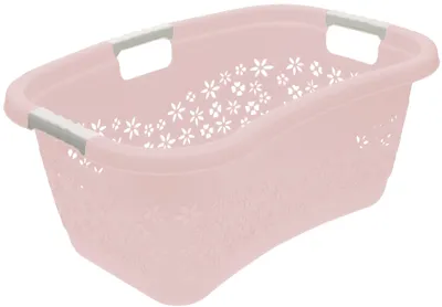 A pink laundry basket with a floral pattern and gray handles.