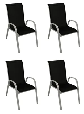 Four black outdoor chairs with gray metal frames are arranged in a 2x2 grid against a white background.