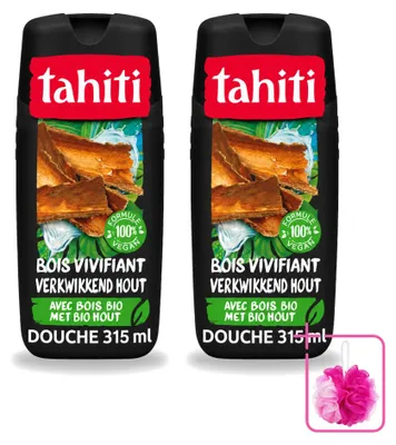 Immagine prodotto di 2 flaconi di bagnoschiuma Tahiti, profumo legno tropicale, vegano - 315 ml ciascuno - confezione risparmio - 2 pezzi