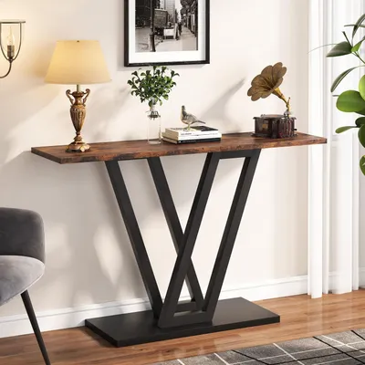 Immagine prodotto di Tavolino consolle, tavolino d'ingresso, tavolino stretto da 110 cm, tavolino ausiliario per il soggiorno, stile rustico, colore marrone, struttura in metallo, piano in MDF