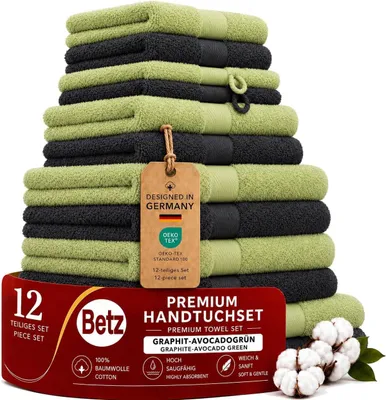 Produktbild von Betz 12-tlg. Handtuch-Set PREMIUM 2 Duschtücher 4 Handtücher 2 Gästetücher 2 Seiftücher 2 Waschhandschuhe  Farbe: graphit / avocadogrün