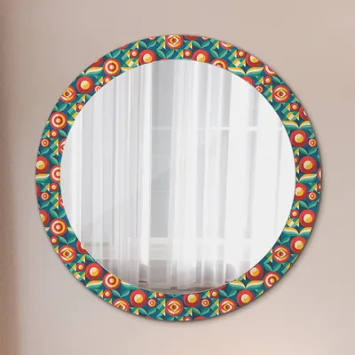 Produktbild von Runder Spiegel mit Modernem Aufdruck - Dekospiegel Wandmontage -geometrisch Früchte und Blätter- Ø80cm