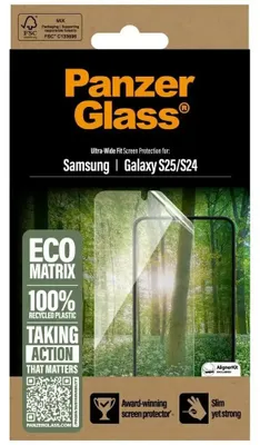 Zdjęcie produktu dla PanzerGlass ® ECO MATRIX Screen Protector Samsung Galaxy S25 | S24 | Ultra-Wide Fit, Samsung, Samsung - Galaxy S25, Samsung - Galaxy S24 5G, Aplikacja na sucho, Odporny na zadrapania, Odporny na wstrząsy, Przezroczysty, 1 szt.