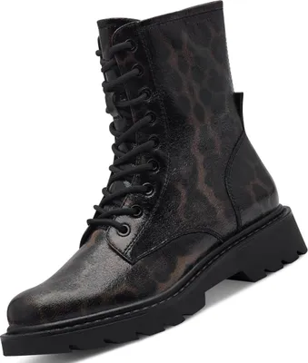 A single black and brown leopard print lace-up boot.