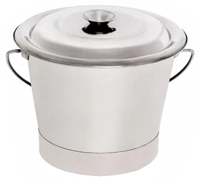 A clean, simple studio shot of a stainless steel bucket with a lid.