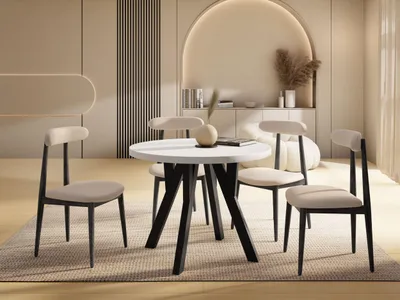 Produktbild von Runder Ausziehbarer Esstisch im Loft-Stil – Verlängerbarer Tisch mit Schwarzen Holzbeinen – Platzsparender Esstisch für Wohnzimmer – Weiß – 80 bis 130 cm