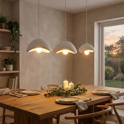 Immagine prodotto di Opviq, lampadario di alta qualità, struttura in metallo, calotta in fibra di vetro, 3 misure (21x30x16 cm, 42x37x22 cm, 52x40x26 cm), altezza regolabile 55-109 cm, IP20, moderno ed elegante, E27.