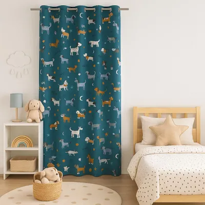 Imagen del producto de Cortina con estampado de perro, color azul, 140x250 cm