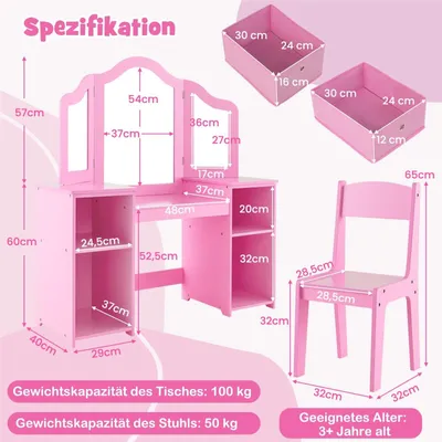 Produktbild von Kinderschminktisch – Schminktisch – Spieltisch – Frisiertisch – Schminkkommode – 2-in-1 mit abnehmbarem Spiegel