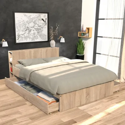 Produktbild von BETT RIGA mit Kopfteil und Schubladen/ Bett 140x190 - Eiche gebleicht Nachbildung
