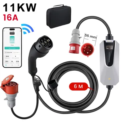 Produktbild von Junsun Typ 2 EV Ladegerät Moblie Wallbox 11kW mit APP 6m Ladekabel 5-poligen 3-Phasig 6-16A CEE Stecker mit Entspricht den EU-Normen LCD