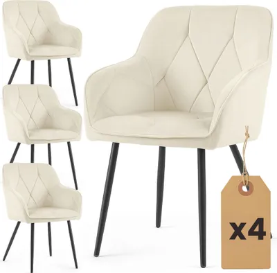 Produktbild von 4er Set Velours Esszimmerstühle DIAMANTE Creme mit schwarzen Beinen