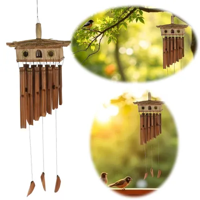 Produktbild von LS-LebenStil Holz Windspiel Klang-Spiel Bambus 90x28cm Bambus Vogelhaus mit Klangröhren Garten-Deko für draußen wetterfest hängend Glocken-Spiel