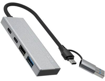 Productafbeelding van Hub, Adapter met 1x USB-A 2.0 (480 Mbps), 1x USB-A 3.0 (5 Gbps), 2x USB-C 2.0 (480 Mbps), vastgekoppelde hubpoort, 4-in-1, grijs