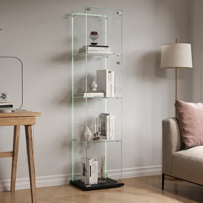 Immagine prodotto di Vetrina con 4 ripiani, porta e illuminazione a LED, design moderno in nero o bianco – esposizione a 360° per soggiorno, camera da letto o ufficio